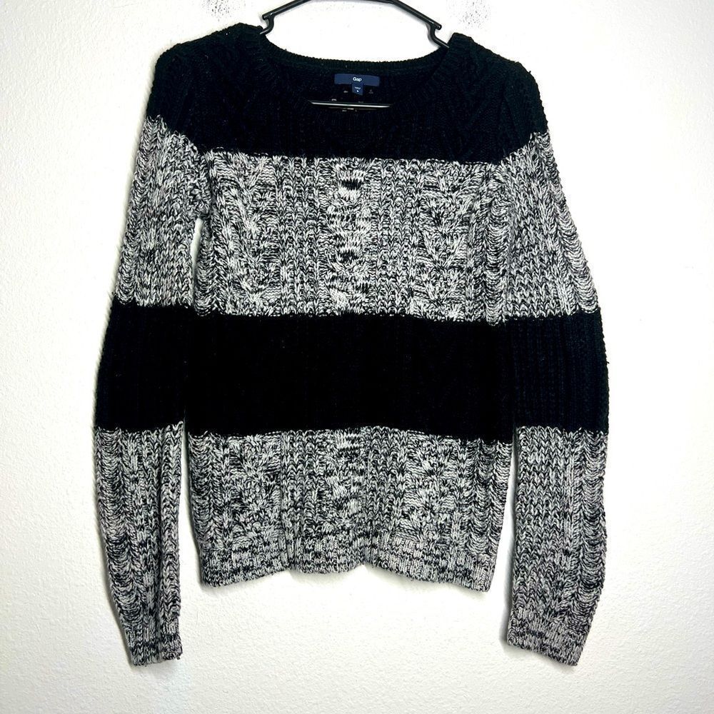 GAP Stripe Woven Knitted Color Block Wool Blend Sweater Black Gray Crewneck Sz S